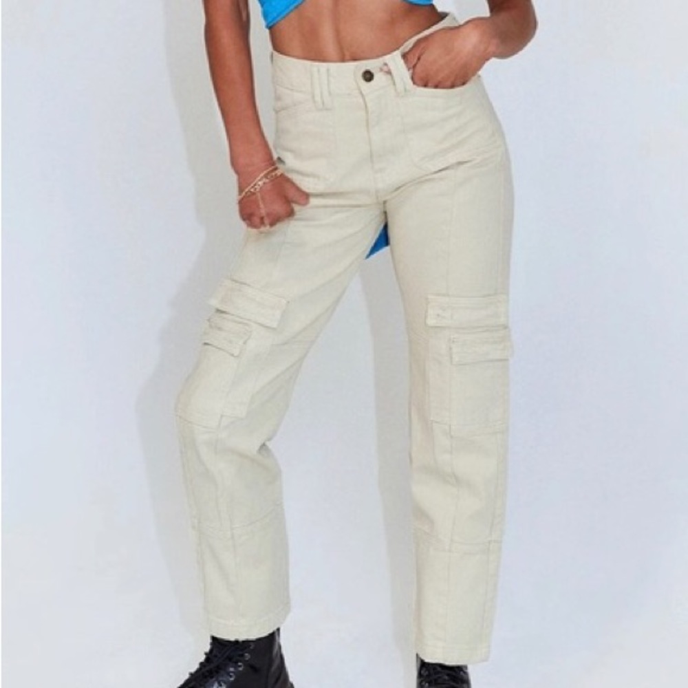 Lioness Women XL Beige Khaki Denim Cotton 90s High Waisted Cargo The Stacey Jean